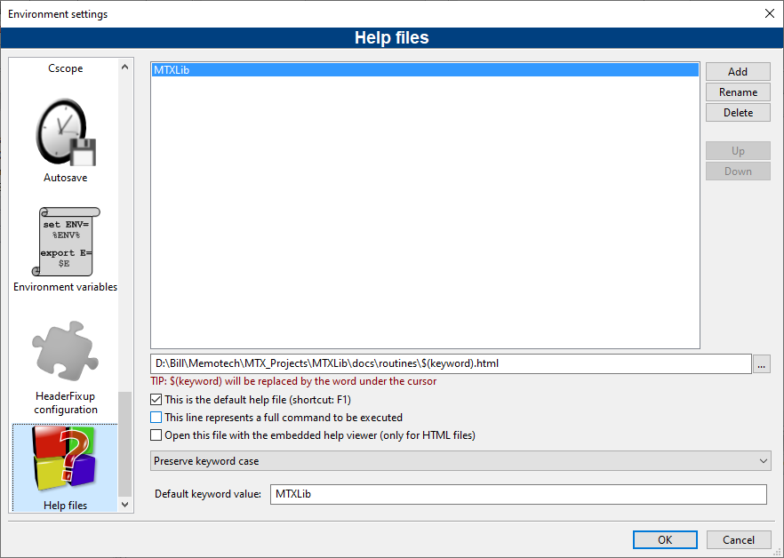 The help configuration dialog